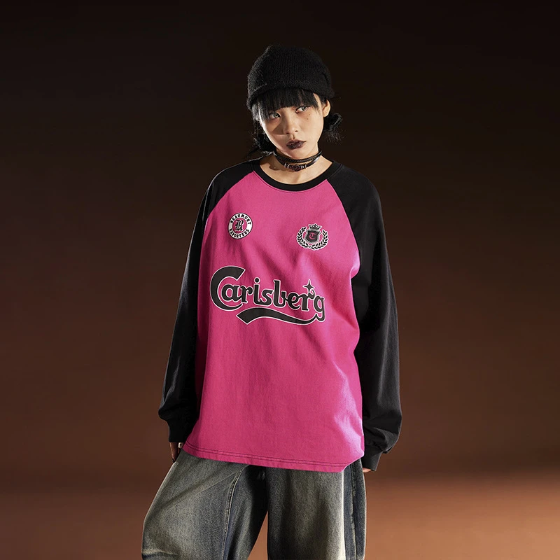 美式撞色长袖t恤女春季新款宽松卫衣设计感上衣潮Q40598