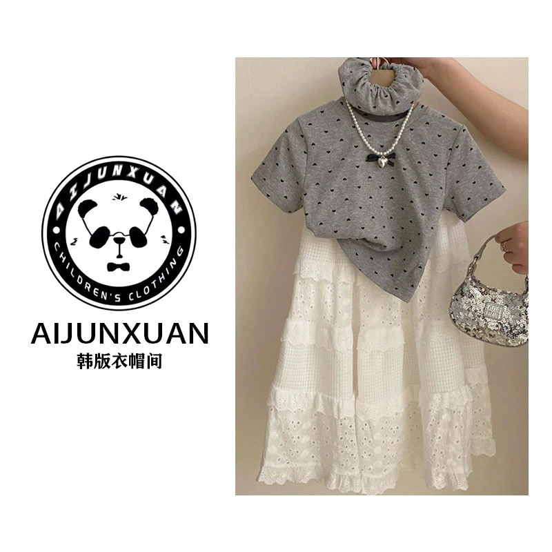 女童夏季套装2025新款洋气小女孩波点T恤+花边半身裙儿童两件套
