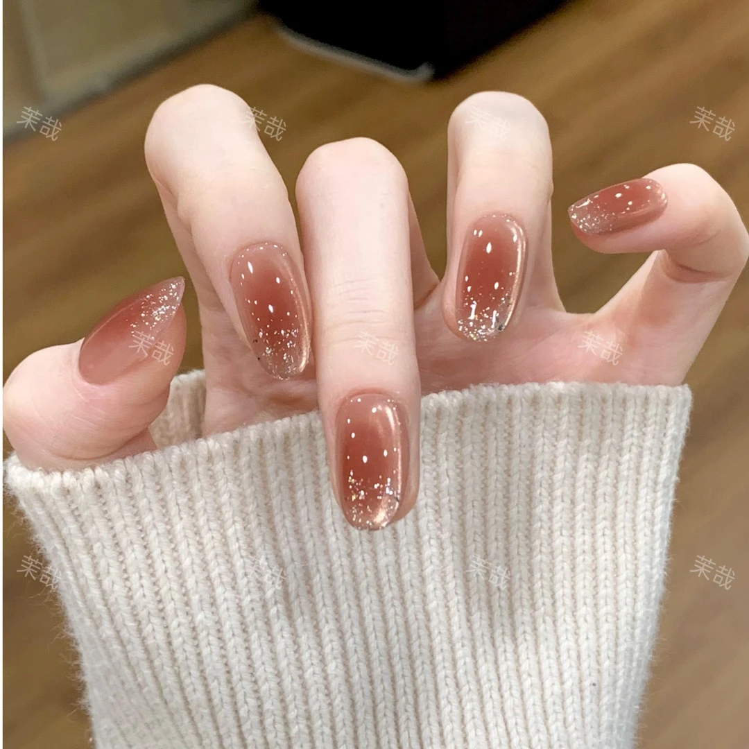 茉哉皮皮【碎闪冰茶】纯手工定制美甲拆卸穿戴甲A5386