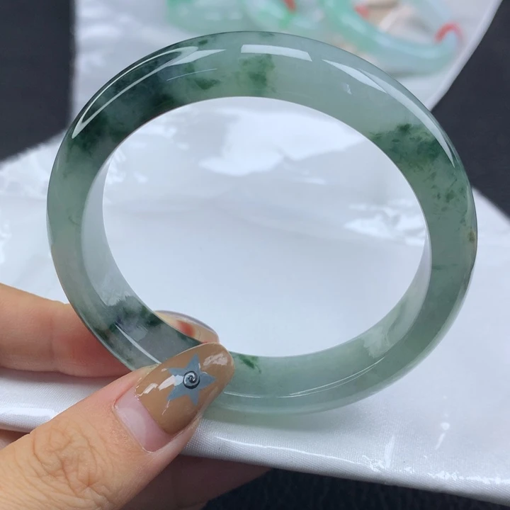 翡翠未镶嵌手镯缅甸57.2冰润飘深蓝花正圈