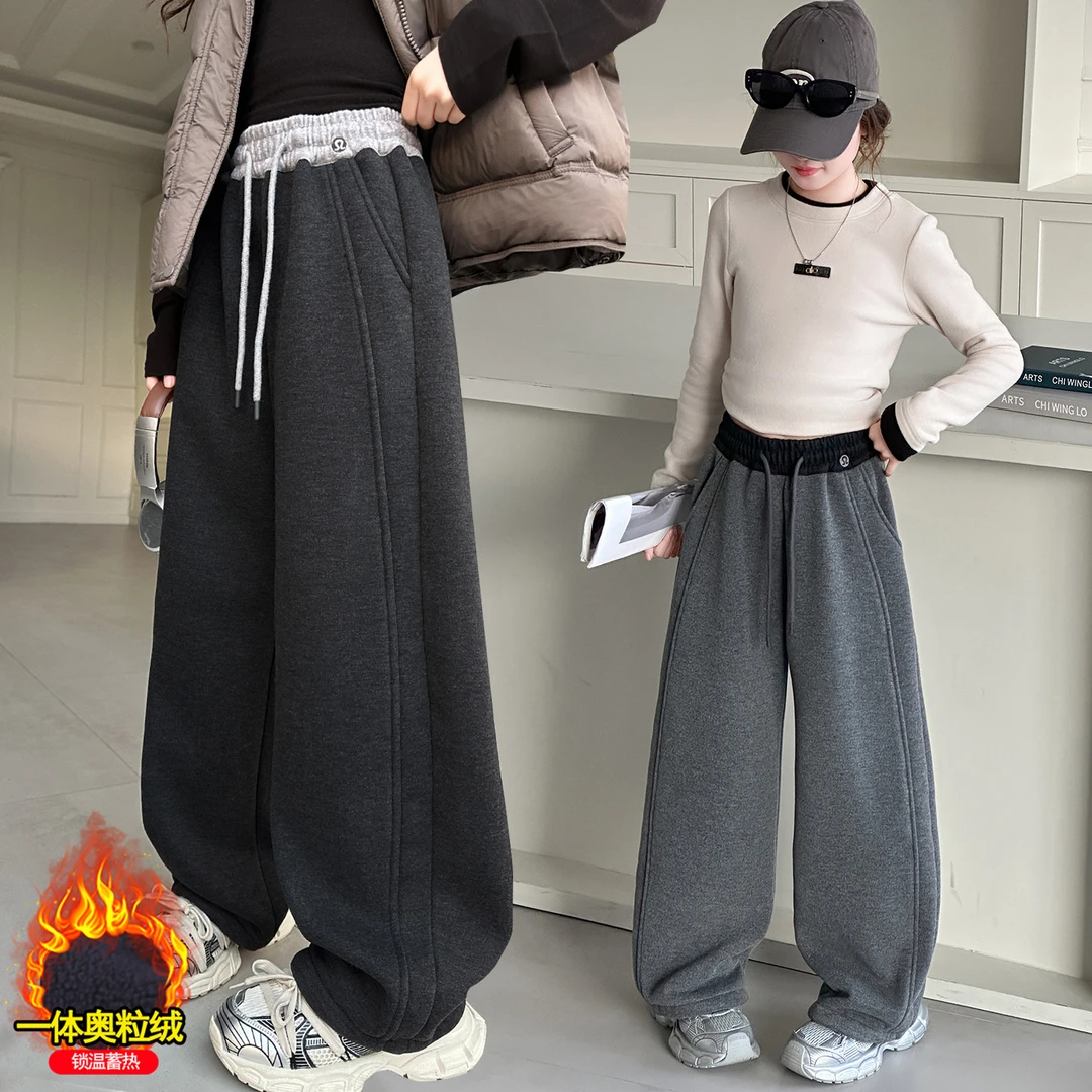 女童冬季加绒休闲卫裤2025新款中大童6-12岁女孩宽松加厚直筒裤子