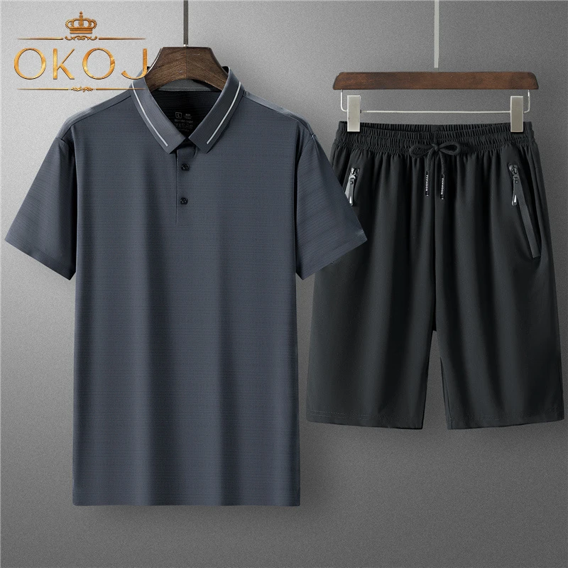 OKOJ运动polo衫短裤两件套男夏季冰丝速干透气户外跑步休闲套装