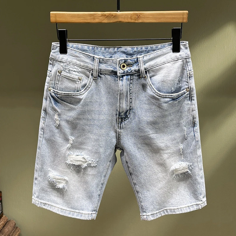 2025夏季薄款浅蓝色破洞牛仔短裤男五分裤韩版修身日系乞丐中裤子