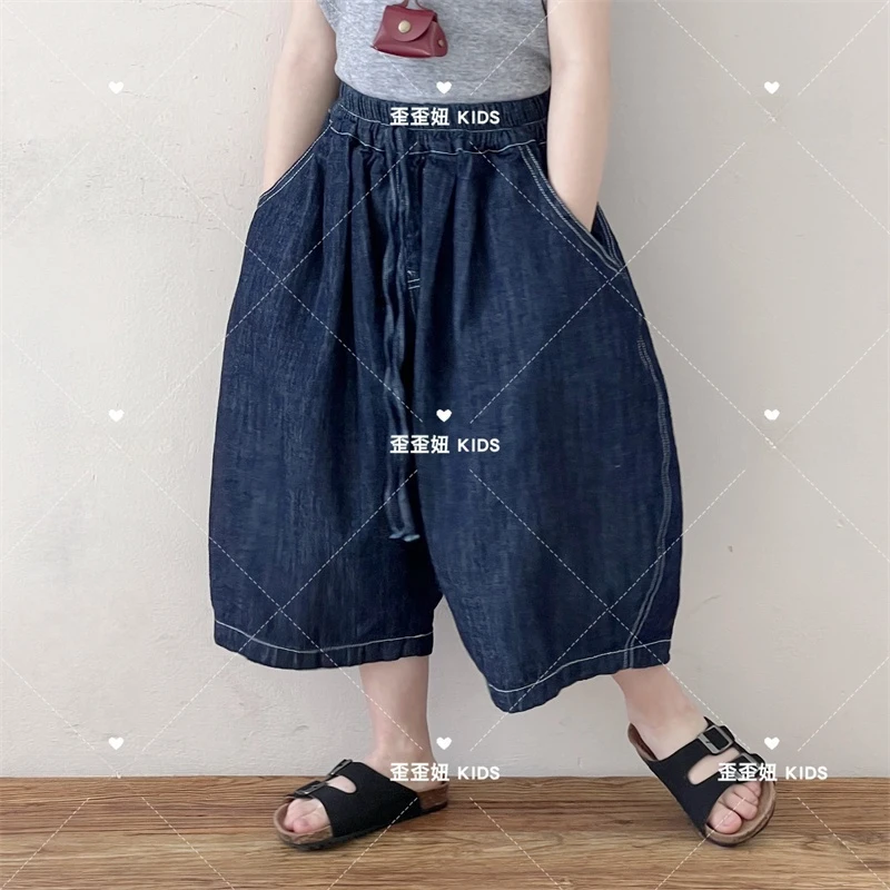 【歪歪妞童装】35158儿童复古森系宽松牛仔裤男女童阔腿裤七分裤