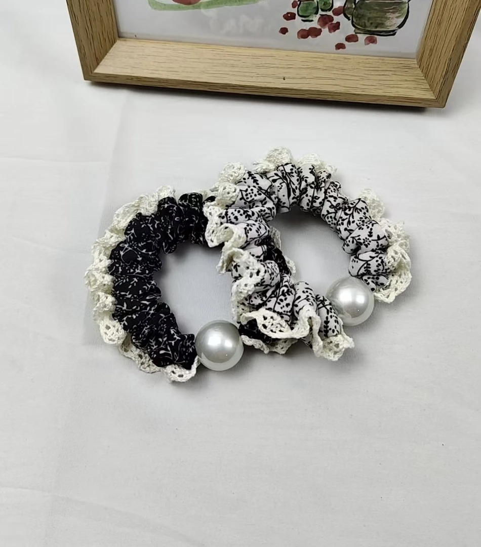 新款法式气质花边蕾丝碎花小肠发圈女扎丸子头马尾皮筋发圈珍珠女