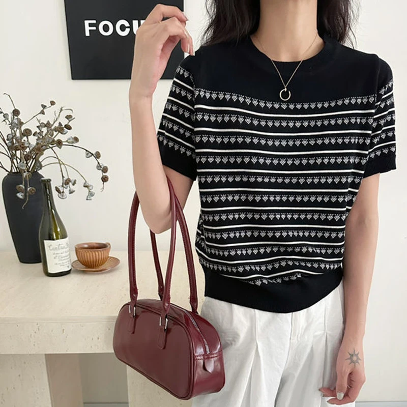 短袖提花条纹针织衫女薄款夏季新款时尚洋气宽松百搭上衣打底衫