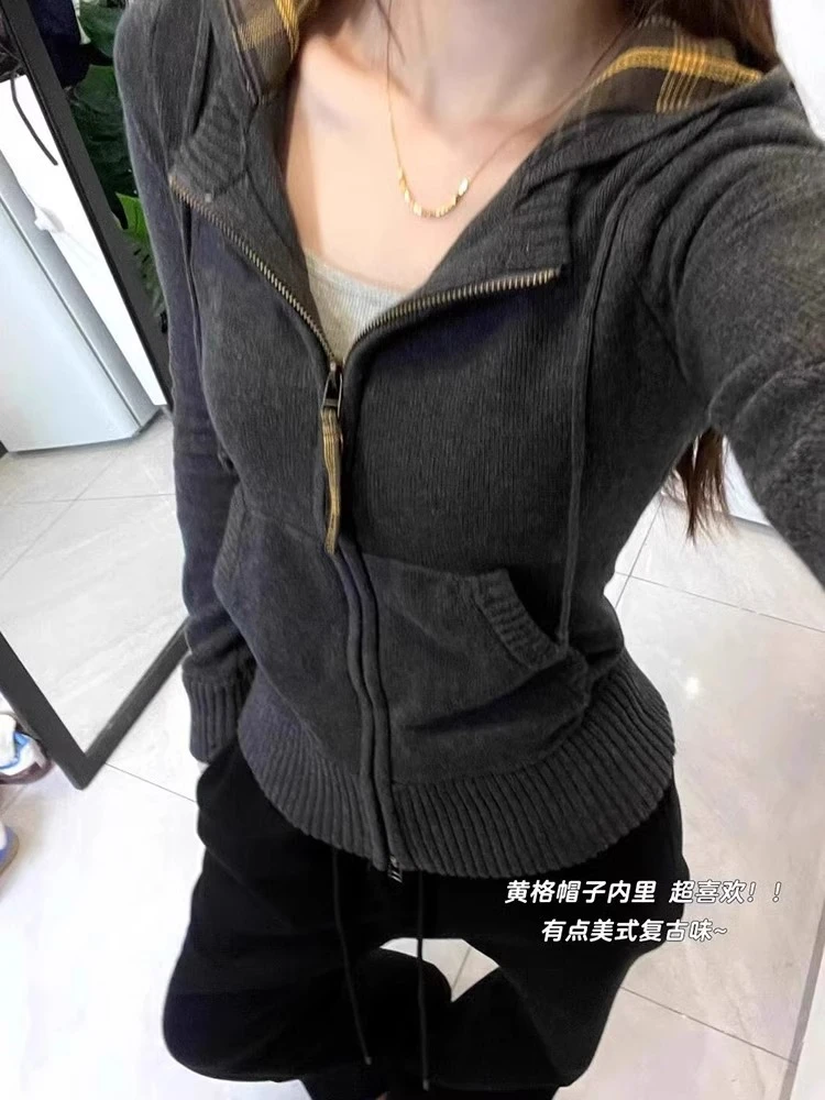 美式复古连帽修身韩系针织毛衣开衫外套女2025春秋高级感时尚上衣