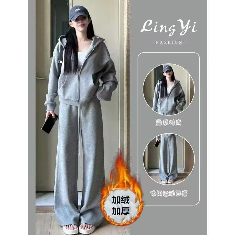 韩系入冬衣服一整套慵懒风运动休闲时尚宽松小个子加绒卫衣两件套