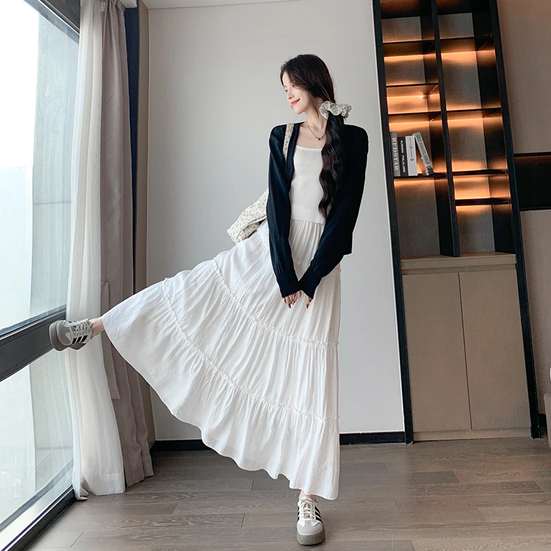 百褶蛋糕长裙显瘦伞裙白色半身高腰A字裙女春夏2025新款小个子