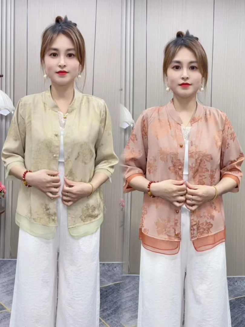 薄款常规常规款法式中老年女装夏季春夏印花女装洋气小衫宽松