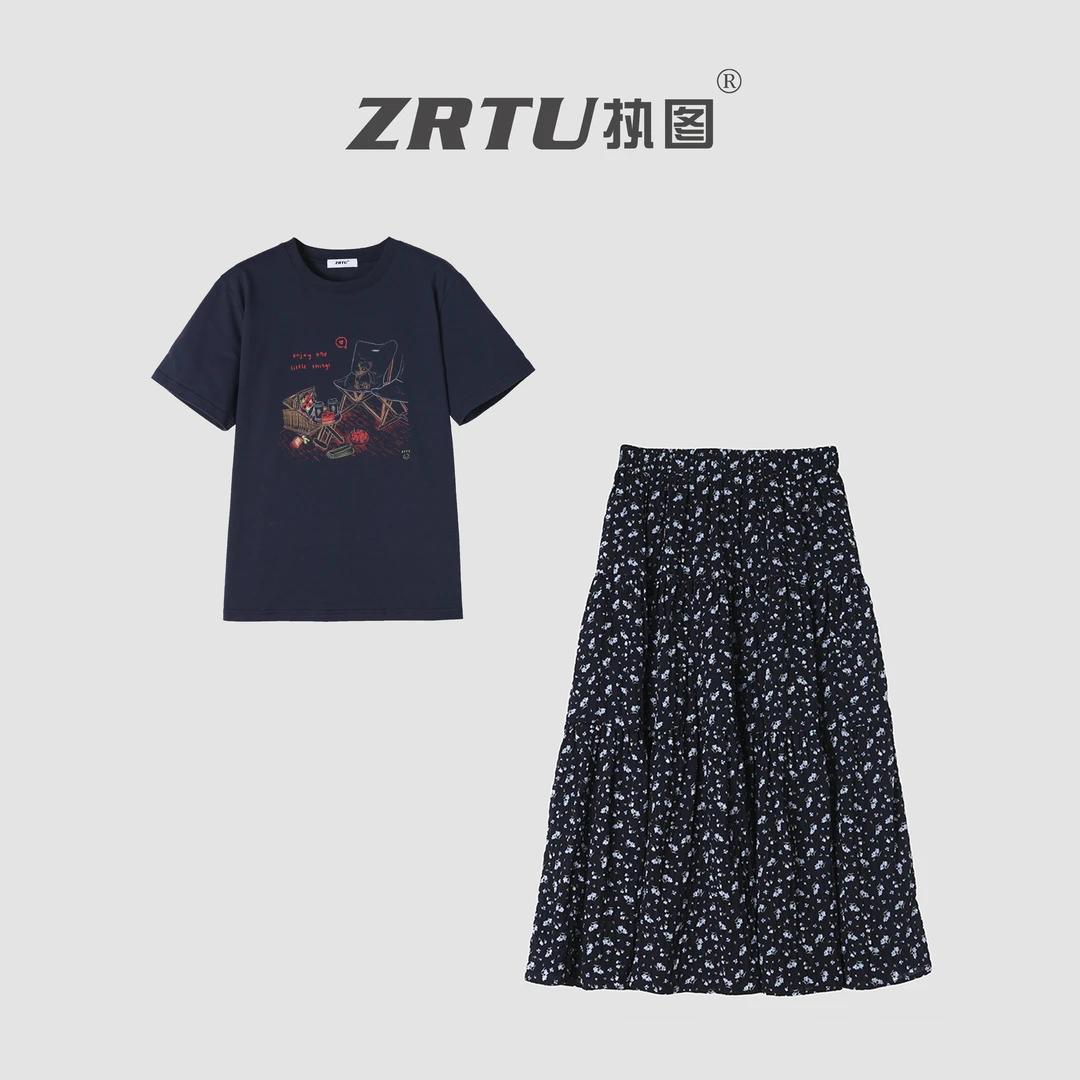 ZRTU/执图印花短袖小熊T恤碎花半身裙套装