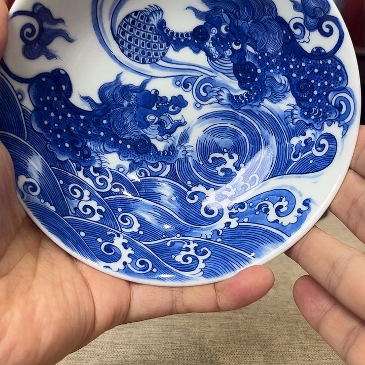 人***可摆件青花狮子纹高足盘