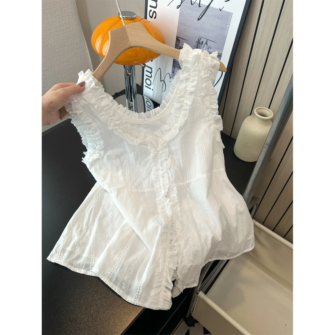 白色重工花边独特无袖背心女2025年夏季新款法式高级感小衫薄上衣