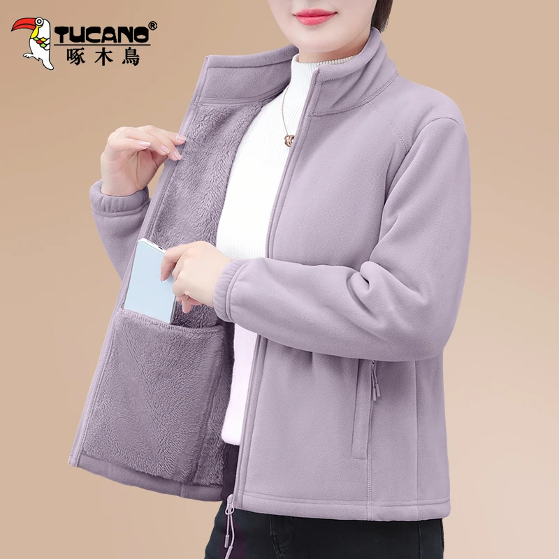 啄木鸟奥粒绒外套女秋冬加绒加厚2025新款妈妈装宽松休闲立领上衣