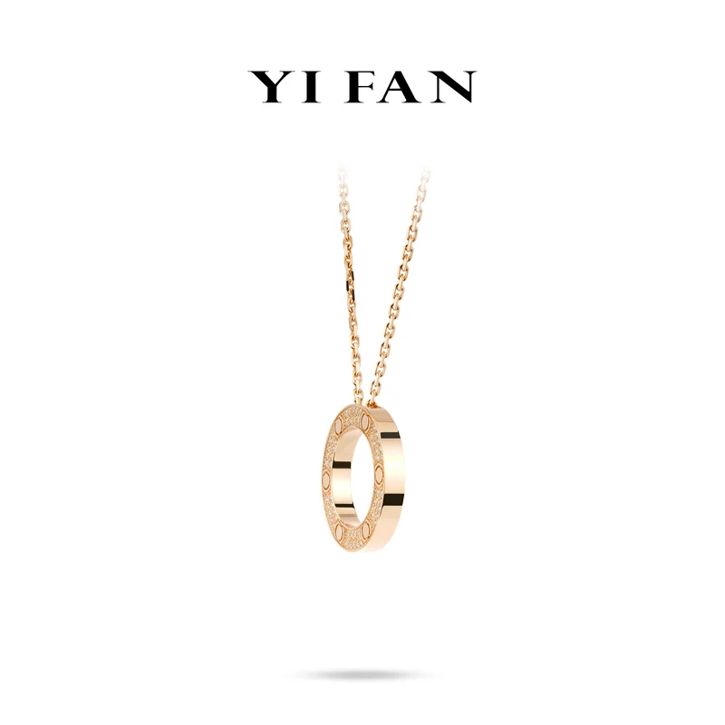 吊坠925银合成锆石 20401-玫金色满钻镂空圈圈百搭项链