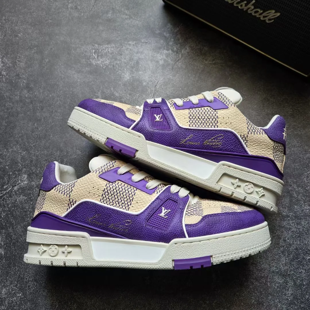 99新 LouisVuitton/路易威登 37.5码 TRAINER 新款白紫棋盘格鞋