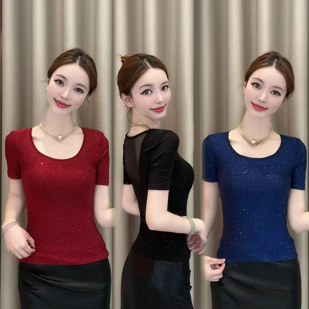【夏夜金迷】U型领后背网纱亮钻短袖T恤上衣时尚百搭修身显瘦气质女