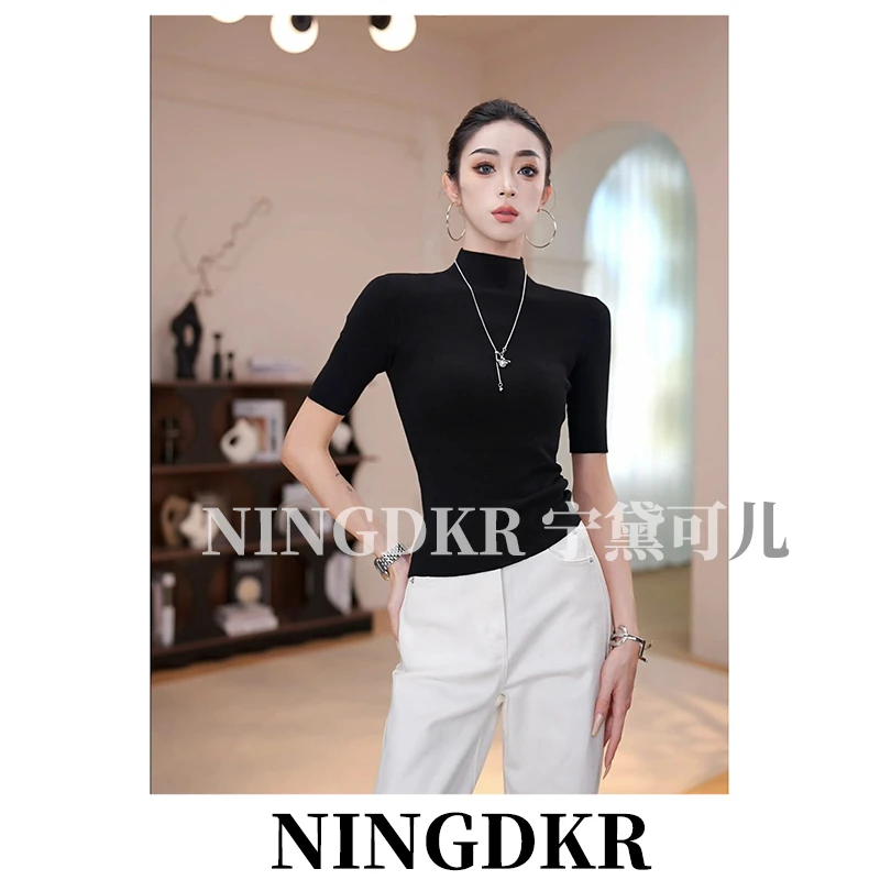 宁B30897纯色基础款显瘦中袖半高领针织衫女四季百搭打底衫上衣