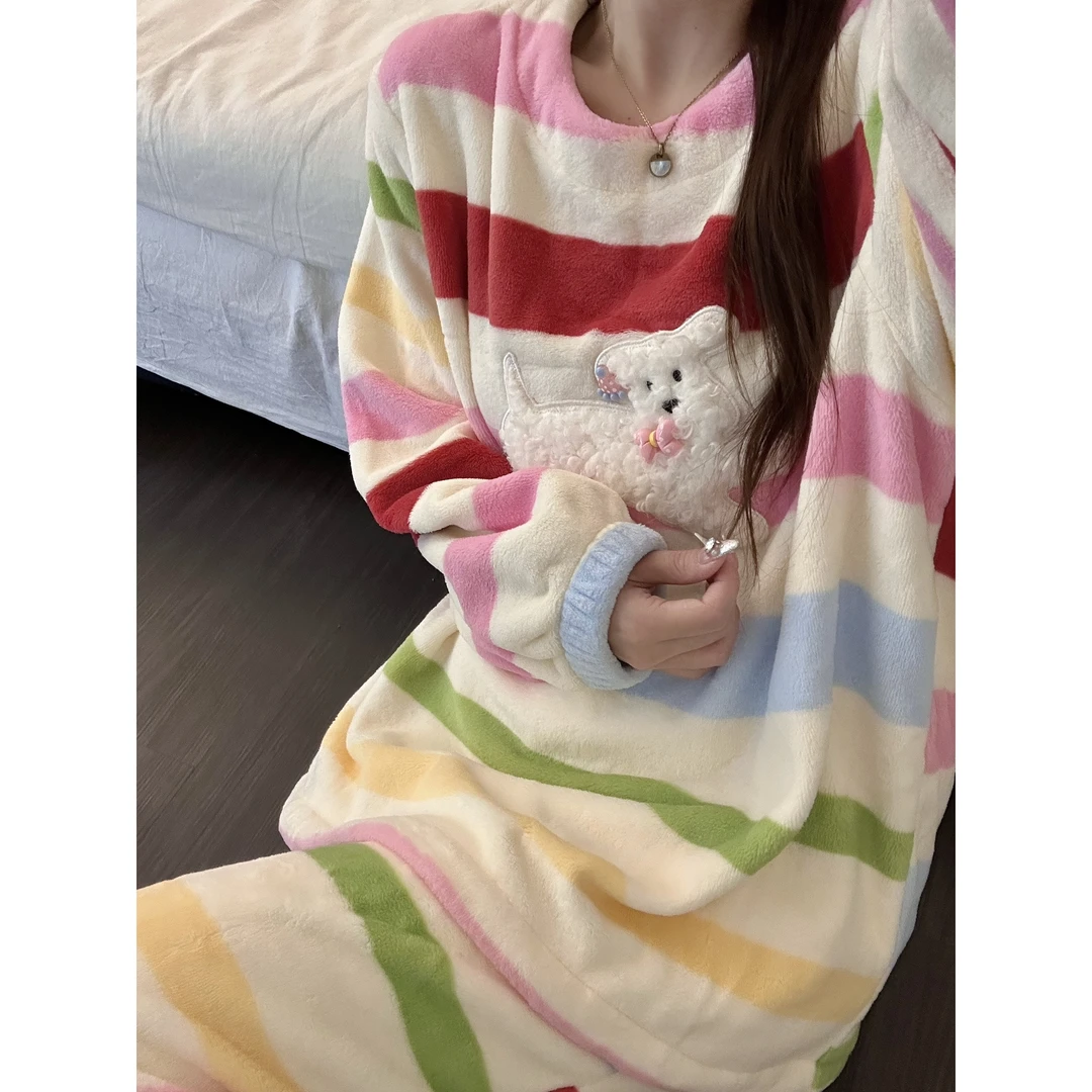 可爱多巴胺毛绒小狗半边绒睡衣女冬季新款保暖加厚针织家居服套装