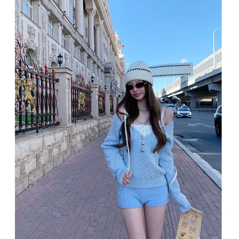 【baby蓝调】正反两穿纯欲秋季新款百搭宽松毛衣性感吊带女配短裤