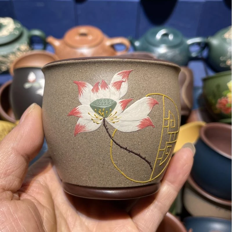 宜兴原矿紫砂全手工变色莲花主人杯茶杯泥料荷花紫砂杯160毫升