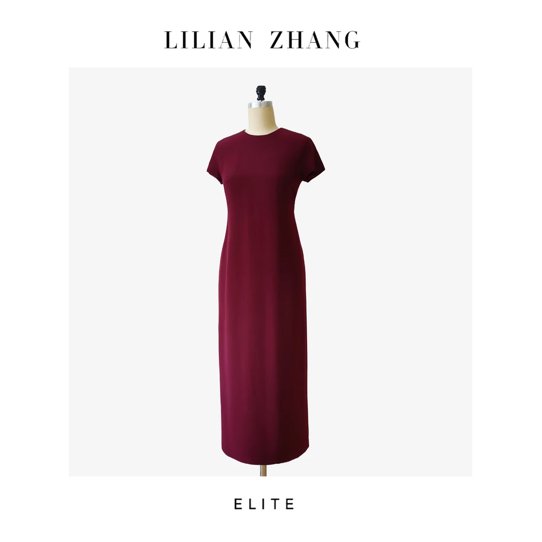 定制—静奢风—风尚之选—法式波尔多红长款极简风圆领连衣裙2501043