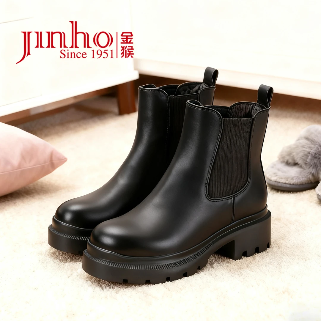 JInho/金猴英伦风休闲风切尔西烟筒靴通勤靴子厚底高帮450161A