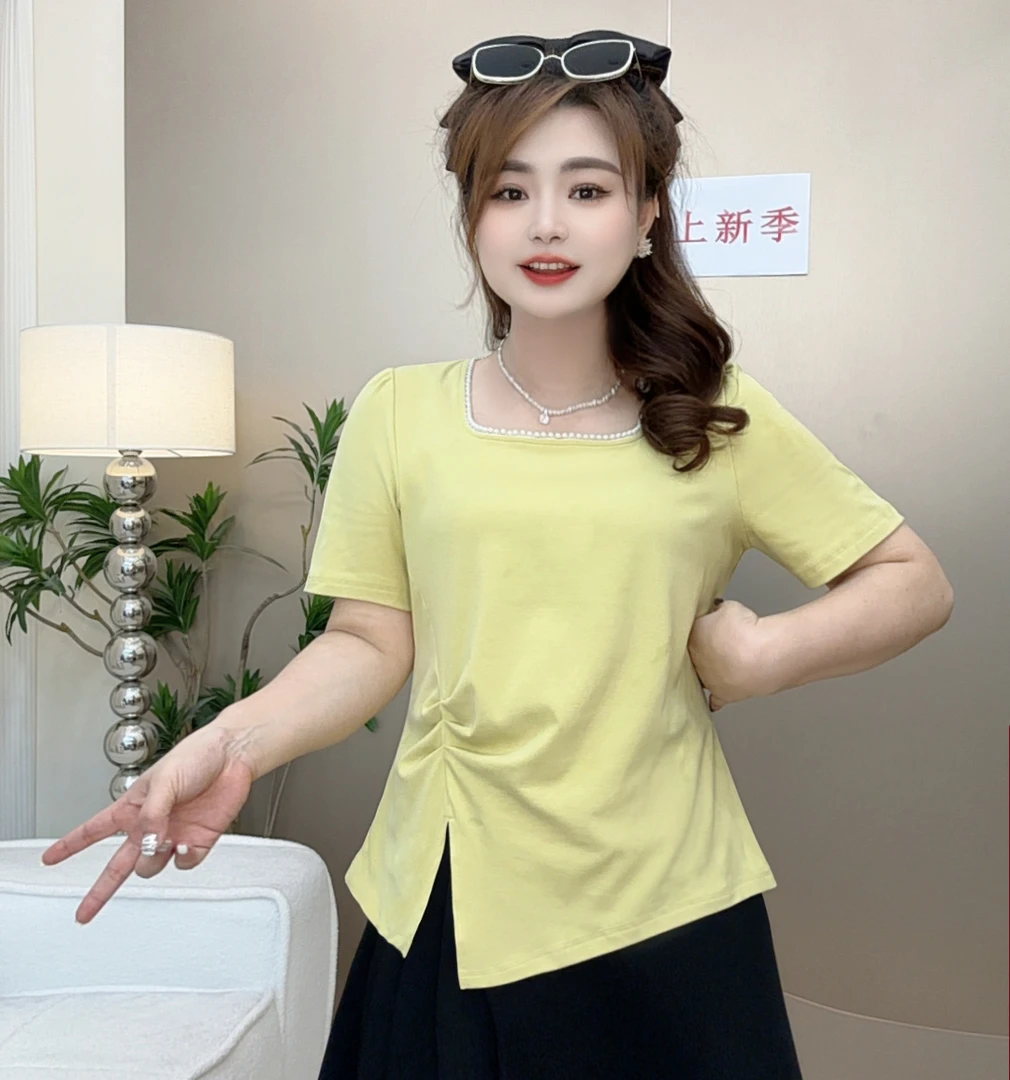 大码胖mm法式方领珍珠百搭夏季2025新款不规则显瘦小众短袖T恤女