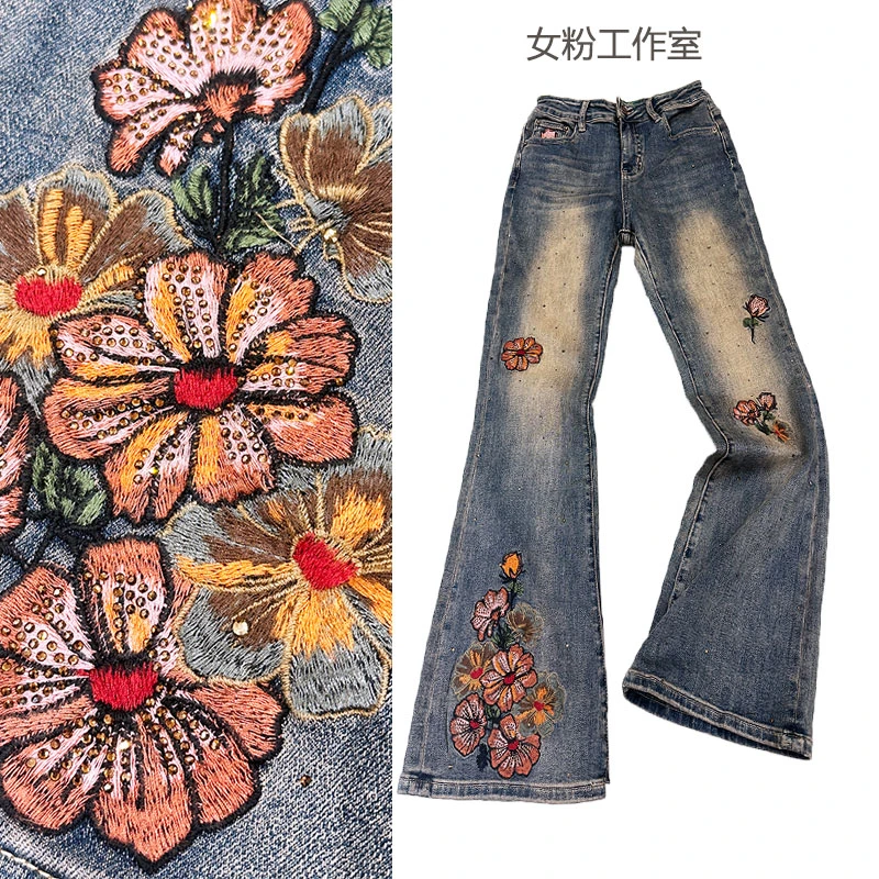 喇叭裤高腰提臀刺绣牛仔裤中国风裤子修身显瘦绣花复古重工民族风