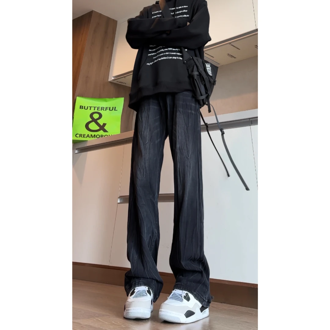 cleanfit竹节纹美式牛仔裤男生百搭直筒裤高个子毛边男款裤子