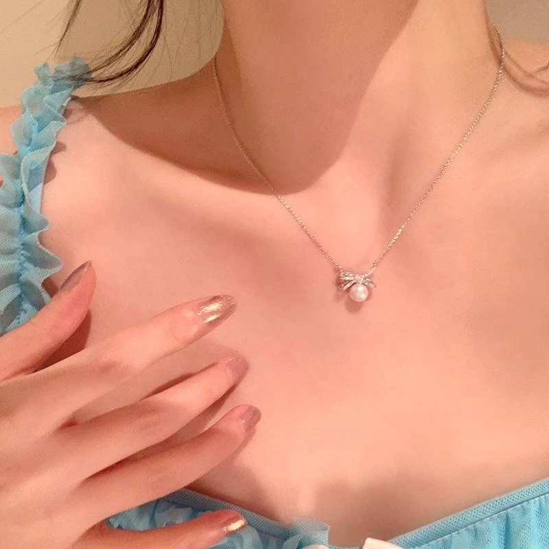 铜合金项链 ins风蝴蝶结珍珠项链坠链不掉色轻奢精致温柔小众125