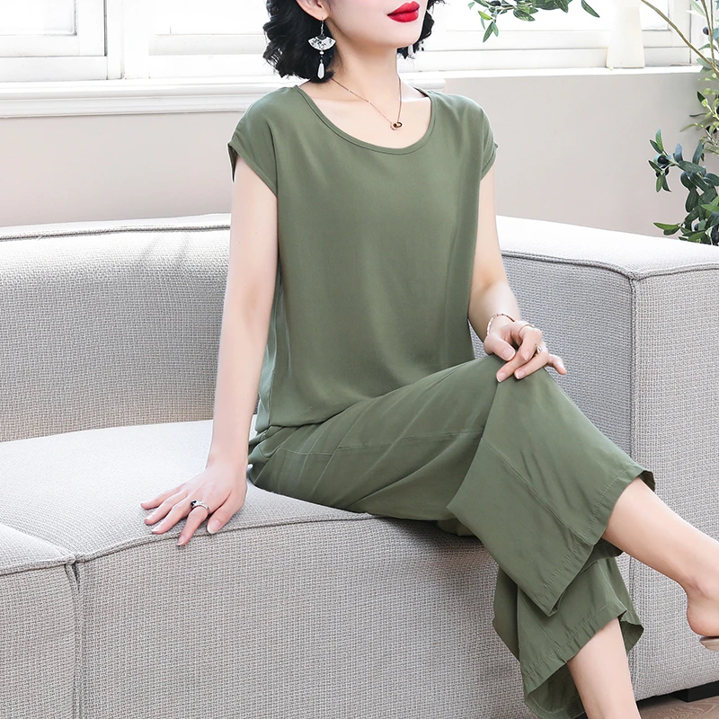 外贸专柜中老年妈妈夏装棉绸套装女洋气减龄宽松睡衣家居服可外穿