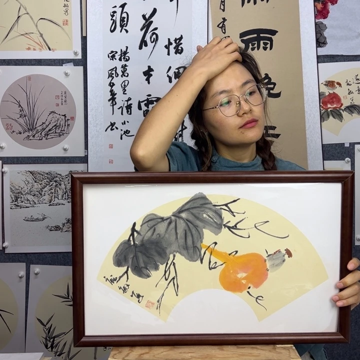 国画手绘带框福禄双全