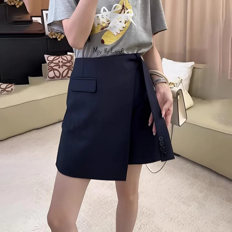 2025春秋新款不规则设计藏青色半身裙女时尚百搭通勤a字遮肉短裙