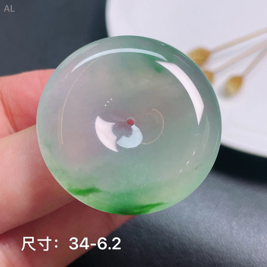 冰种起胶飘绿花缅甸翡翠平安扣吊坠