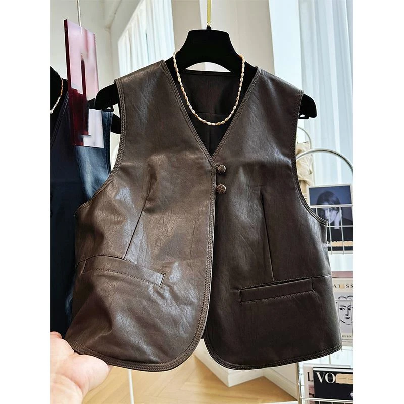 欧货高级感pu皮背心女今年秋季新款法式覆古宽松叠穿坎肩外套上衣