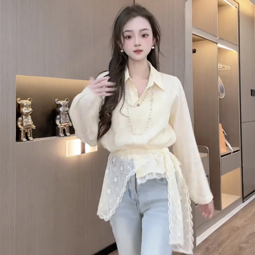 蕾丝披肩高级感长袖衬衣2025春季新品拼接设计时尚洋气衬衫上衣女