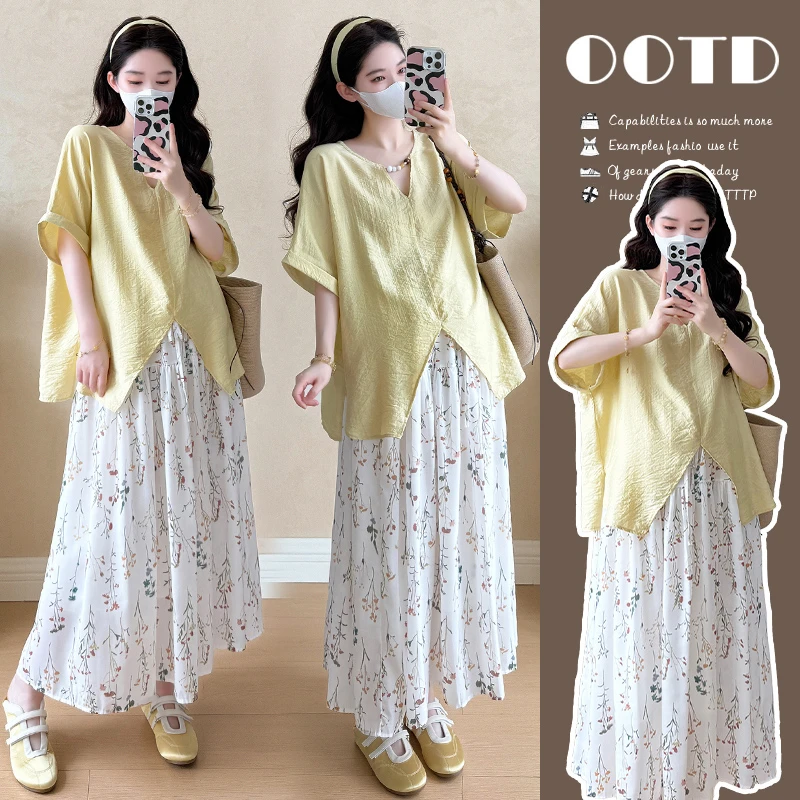 2025夏季休闲宽松衬衣碎花半身裙短袖套装洋气高腰时尚中长款
