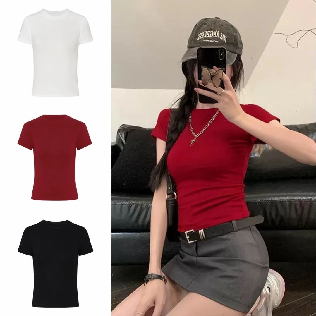 美式红色短袖t恤女夏季2025新款圆领修身正肩显身材chic纯欲上衣