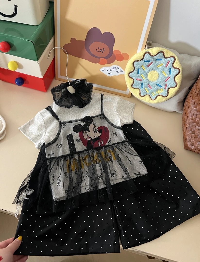 【XTL】2025新夏韩版洋气灰色米奇蕾丝发圈两件套26187