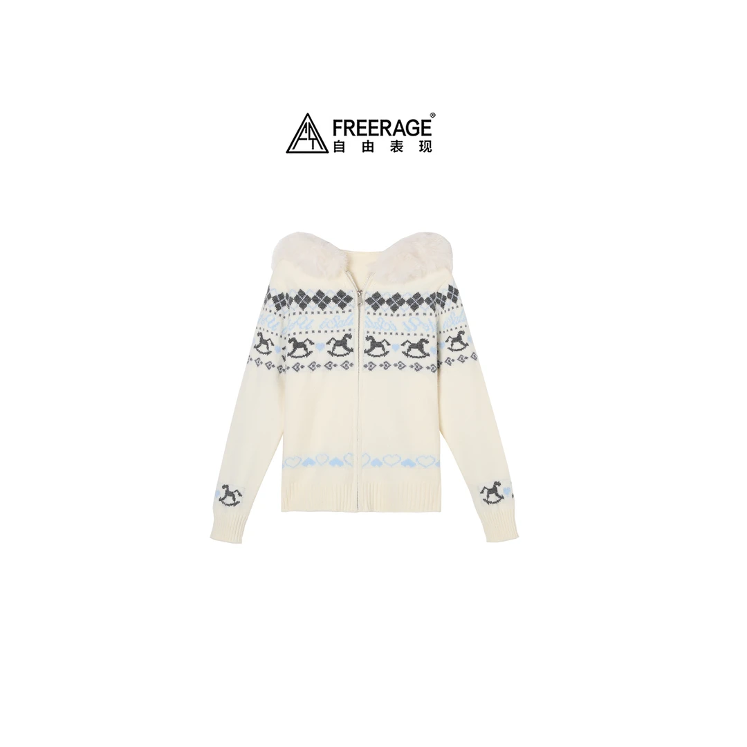 FreeRage/自由表现 马年新款“马上有钱”毛领连帽毛衣 K7823