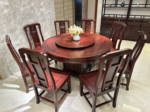 南美通板1.38米8椅家用圆形榫卯新中式餐桌椅椅子桌子餐椅圆桌