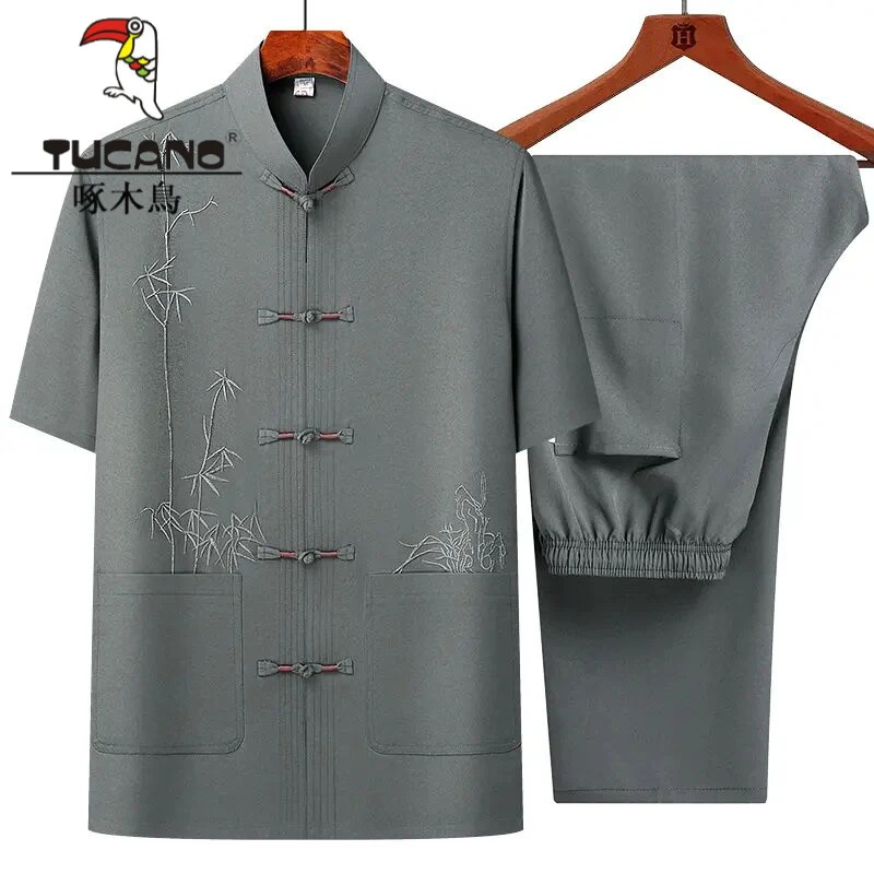TUCANO啄木鳥夏季短袖衬衣衬衫中老年父亲爸爸装男人薄款爷爷套装