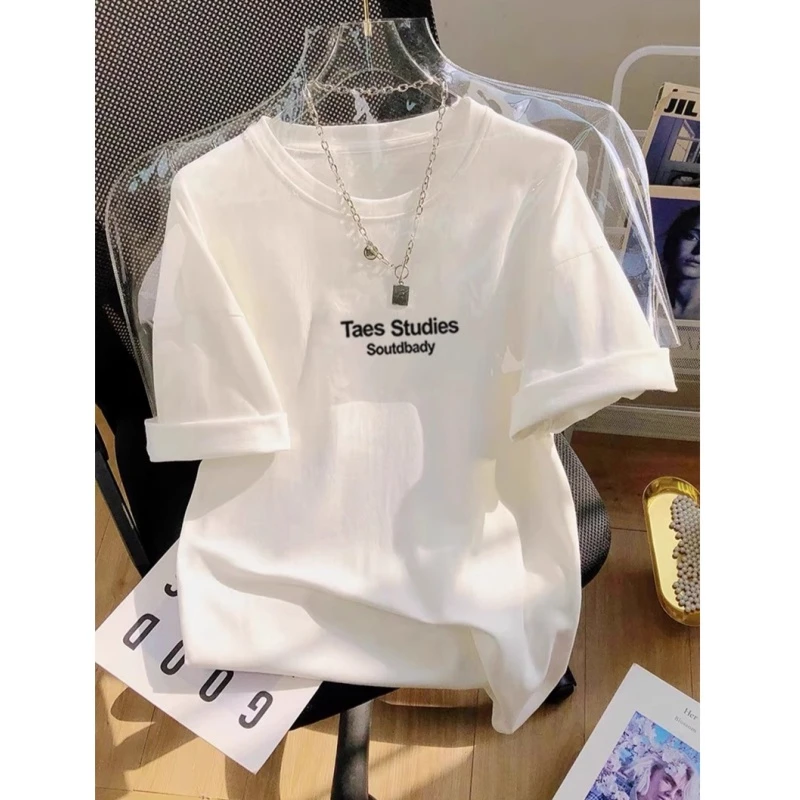 2025新款夏季纯棉短袖t恤女中长款遮屁股白色大码宽松版t恤女上衣