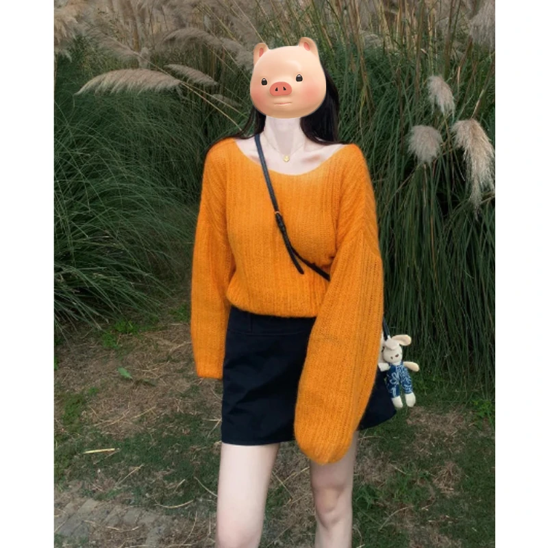 橘色套头灯笼袖长袖针织衫女秋冬宽松慵懒风内搭毛衣早秋chic上衣