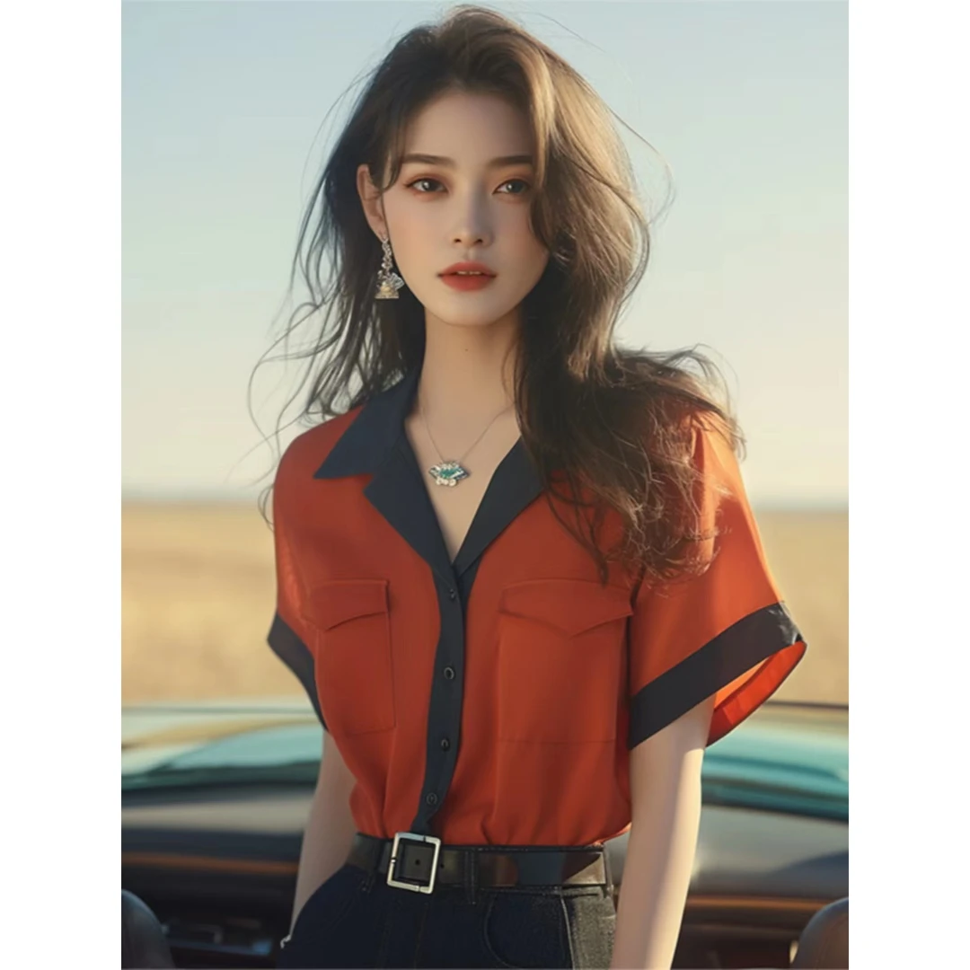 2025夏季新款洋气减龄气质独特别致上衣轻熟法式小众绝美红色衬衫