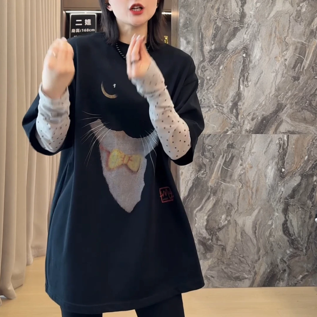 2025春款假两件波点手袖拼接休闲百搭猫咪T恤LK2502101