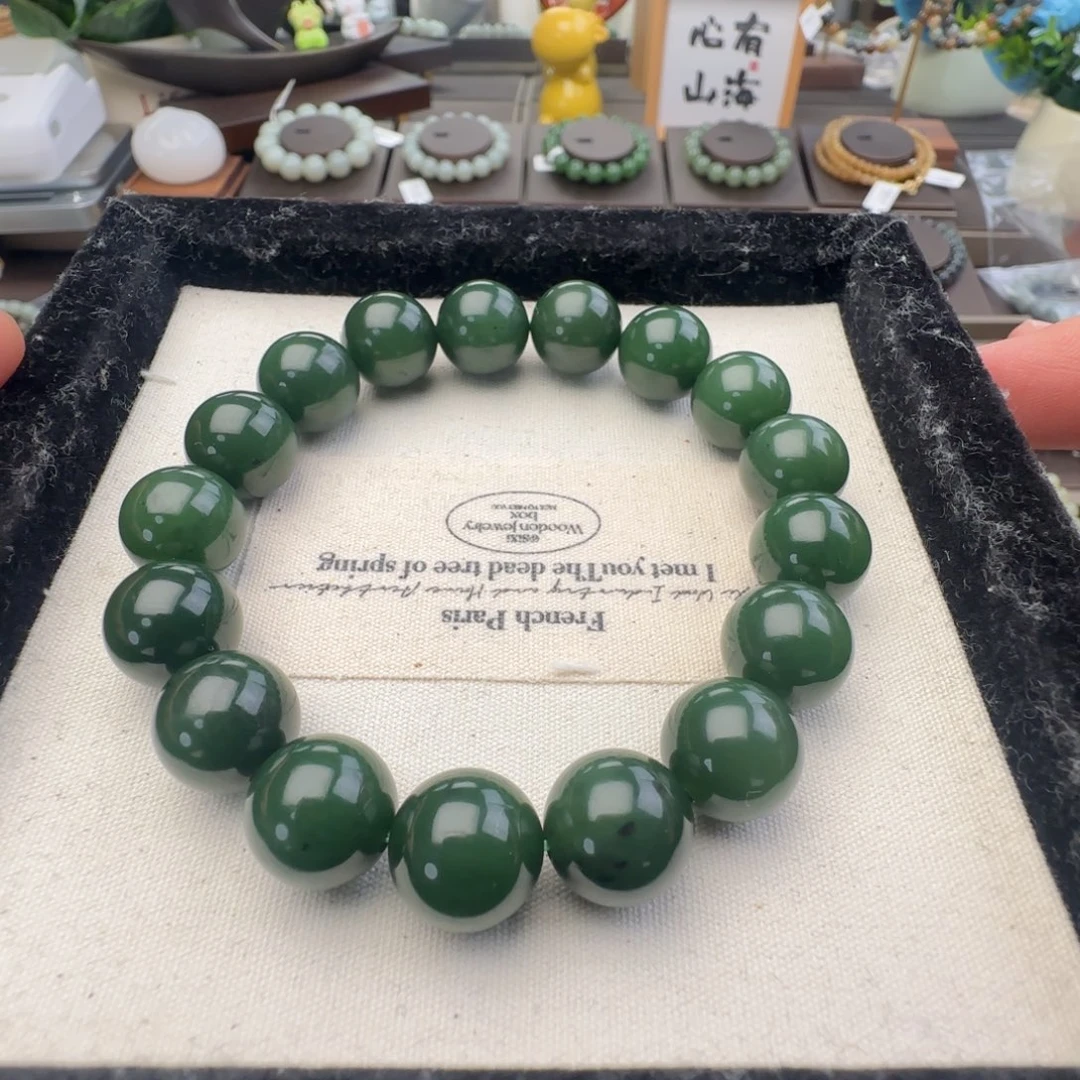 和田玉未镶嵌手链卡12菠菜绿俄碧，3-4