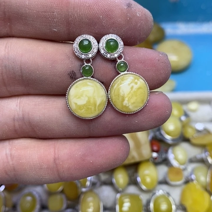 蜜蜡裸石银S925镶嵌耳坠