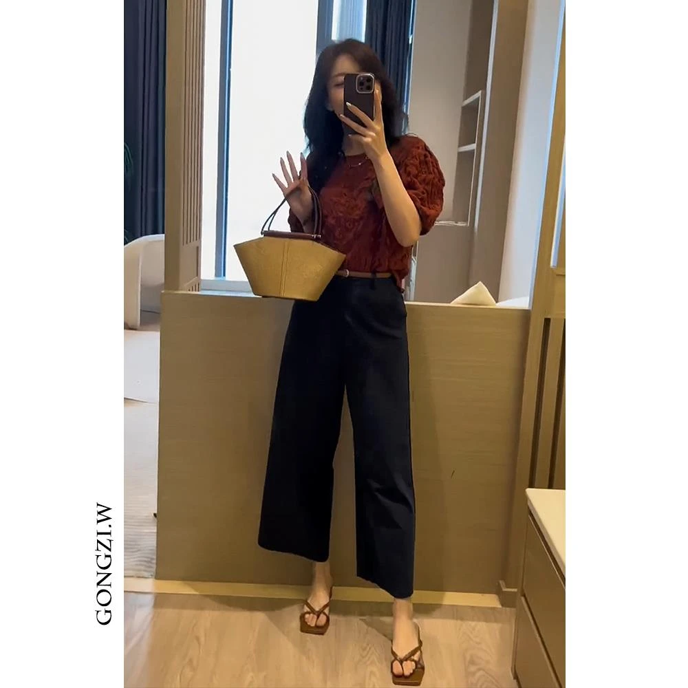 女装时髦洋气套装高级感时尚泡泡袖皱皱上衣直筒显瘦休闲裤两件套